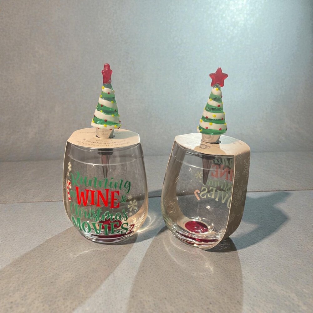 The Paper Store Christmas Wine Glass Set of 2 w Tree Stoppers 2023